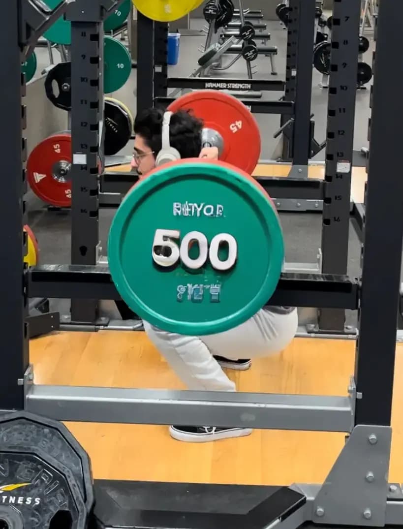 Zayn squatting in the gym with fake weights making it look like it is very heavy